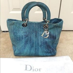 RARE CHRISTIAN DIOR Tote Bag Woven Leather Blue